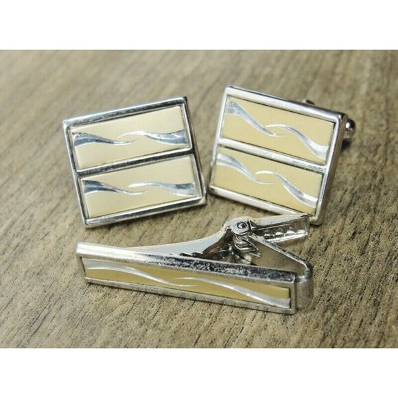 Anson Cufflinks Neck Tie Clip Set Two Tone Brushed Tux Shirt Dress Suit Vintage - Picture 2 of 8
